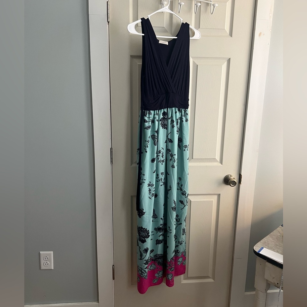 Gilli Navy and Aqua Floral Maxi Dress with Pink Hem